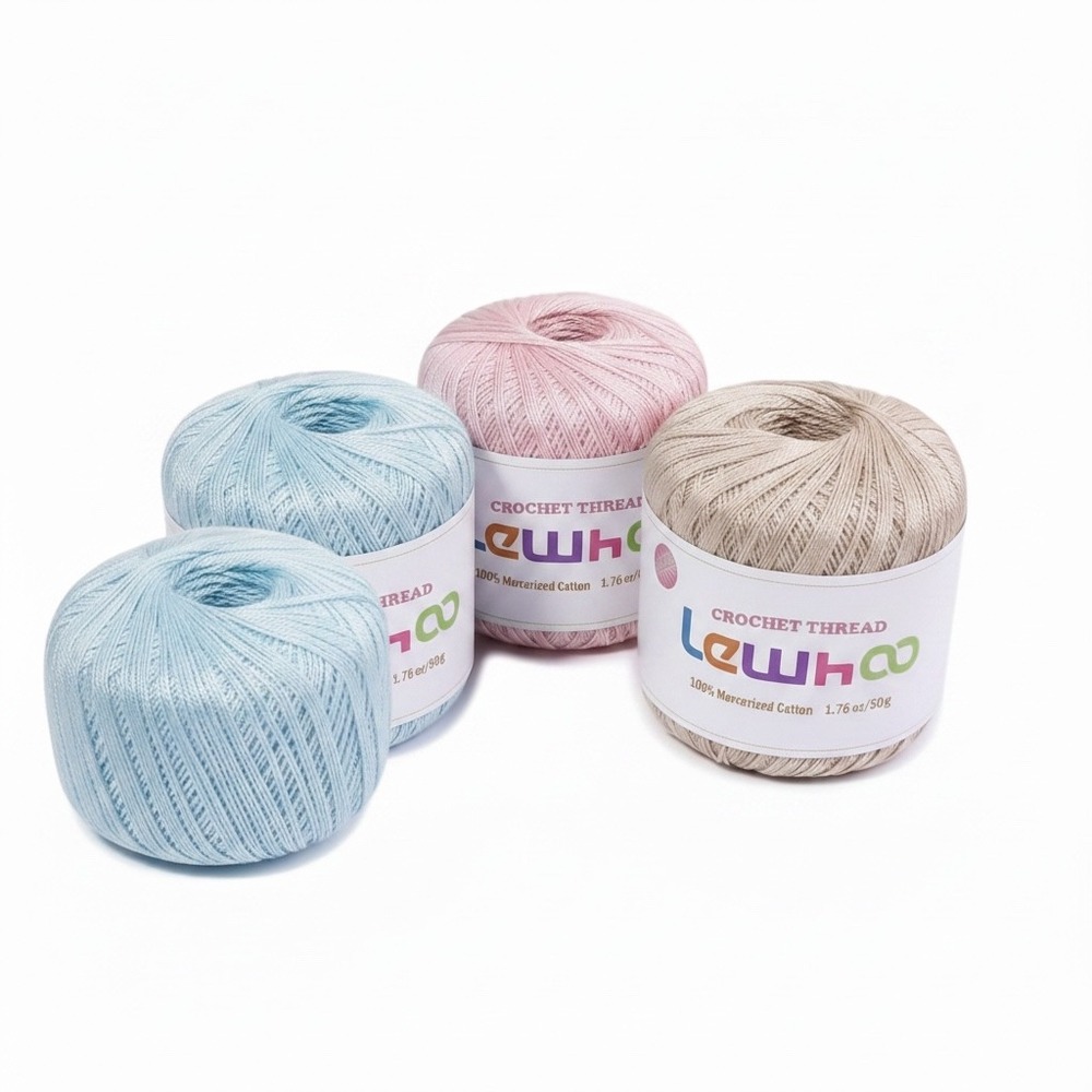 Lewhoo Crochet Thread 100% Mercerized Cotton Pastel Blue Pink Beige 4 Skeins